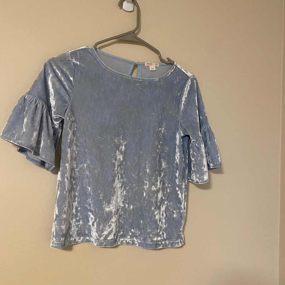 Crewcuts Light Blue Velvet Blouse with Ruffle Sleeves